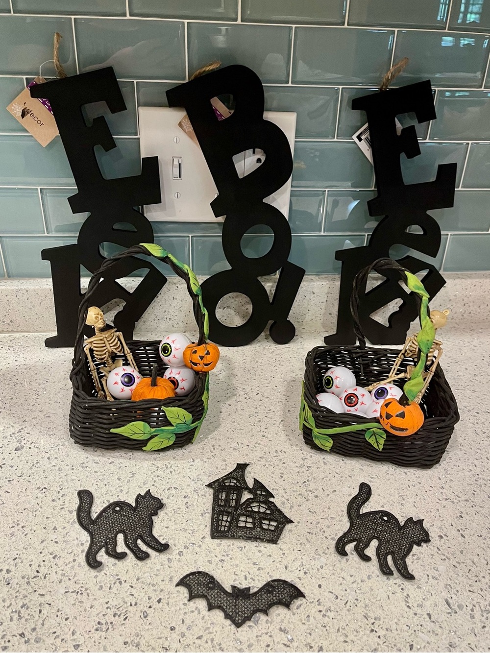 Halloween Decor - EEK & BOO, plus Black Wicker Basket w/ misc decor